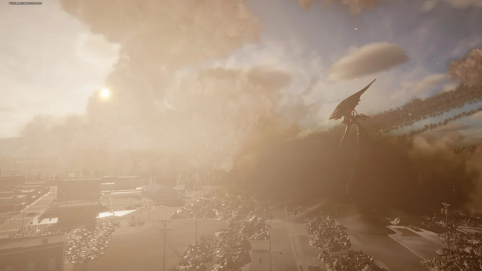 A tripod rises from a wall of dust over a snowy town as debris streams across the sky.