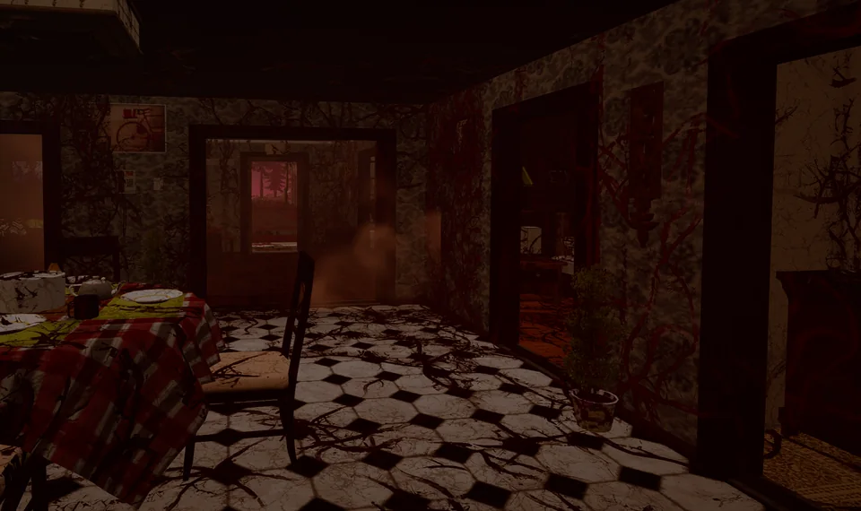 Red weed creeps across the walls and tiled floor of an abandoned dining room.