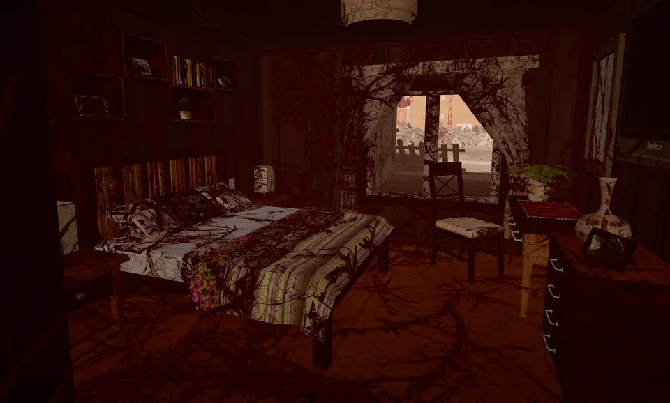 Red weed covers a bedroom and its furniture, with a ruined street beyond the window.