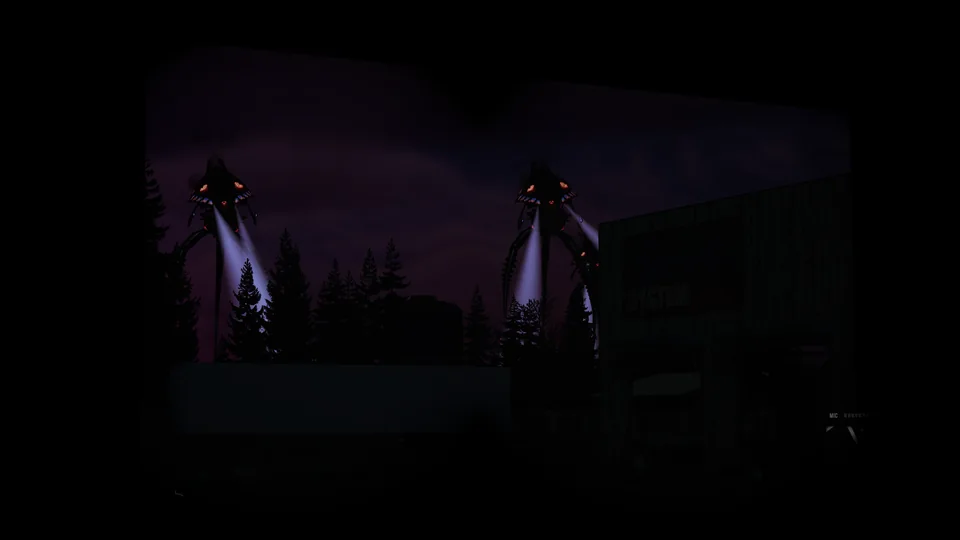 Seen from inside a building, two tripods shine violet searchlights over the pines at night.