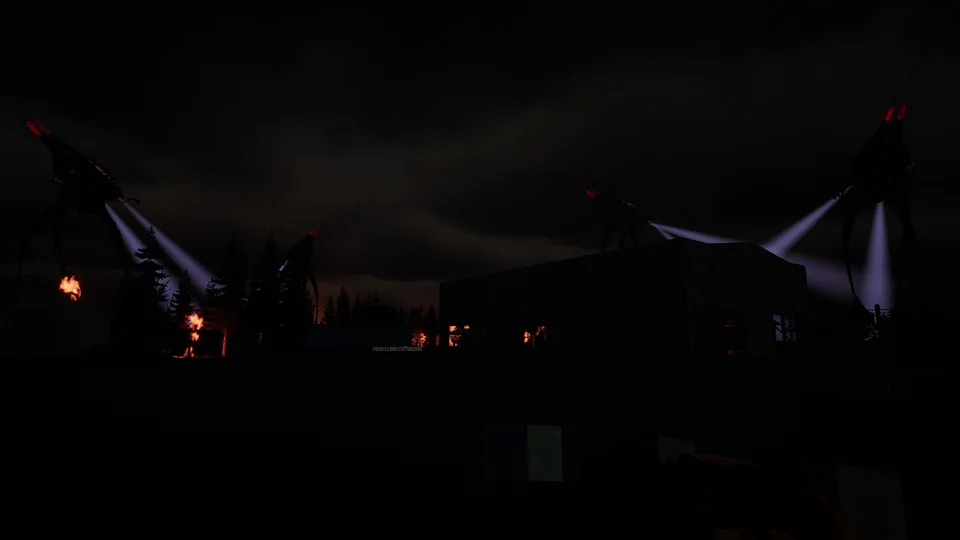 Tripods sweep violet searchlights over a burning house at night.