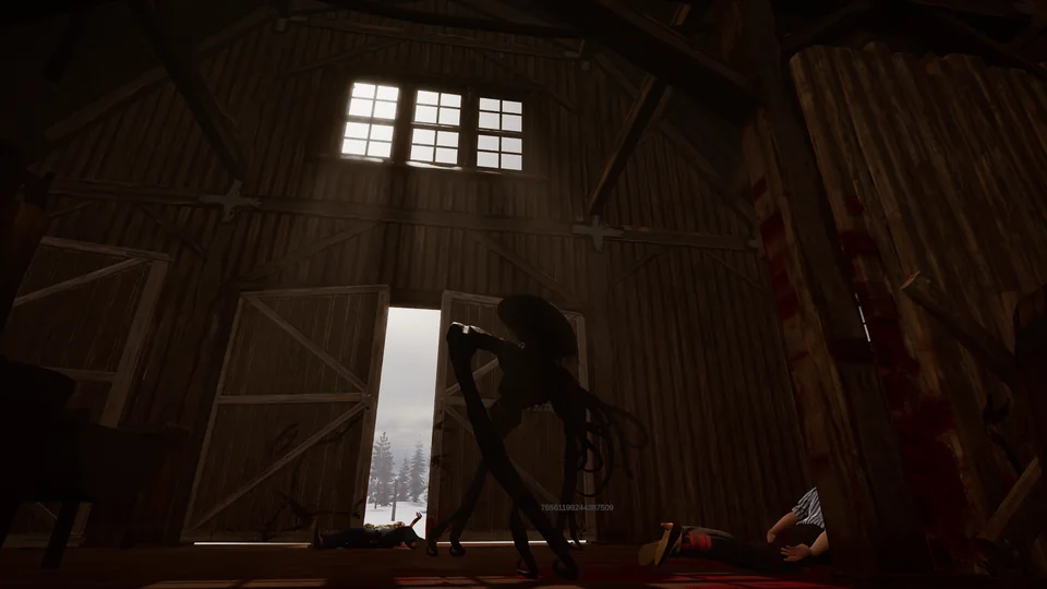 An alien stands in a barn doorway above bodies on a blood-stained floor.
