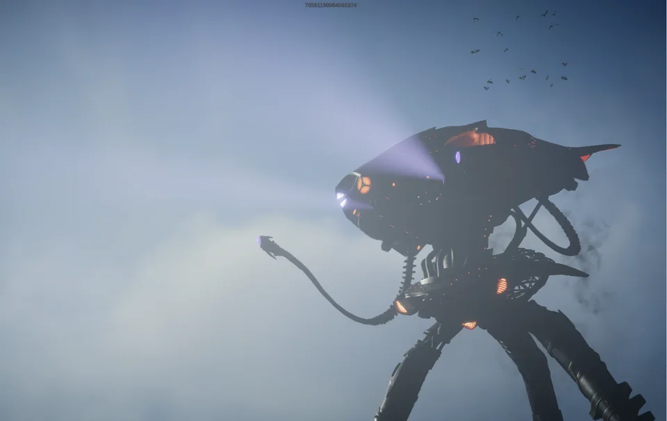 A close view of an alien machine with violet lights beneath a blue sky.