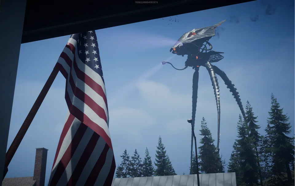 An American flag hangs in the foreground as an alien machine towers over the trees.