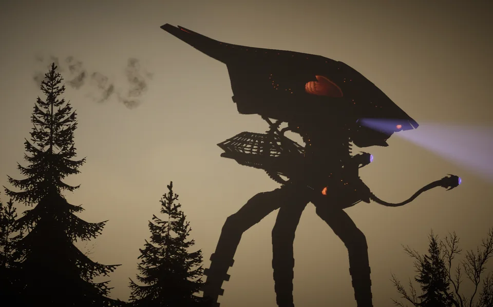 An alien machine shines violet searchlights above silhouetted pine trees.