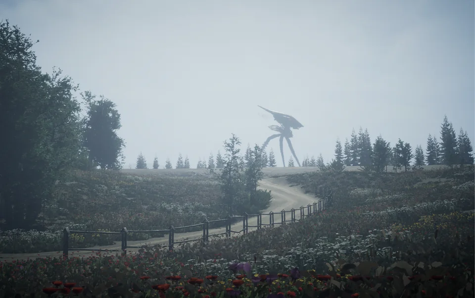 An alien machine crosses the horizon beyond a winding path and wildflower meadow.