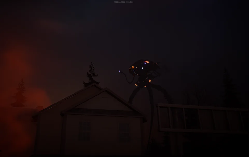 An alien machine advances above houses beneath a dark, fire-lit sky.