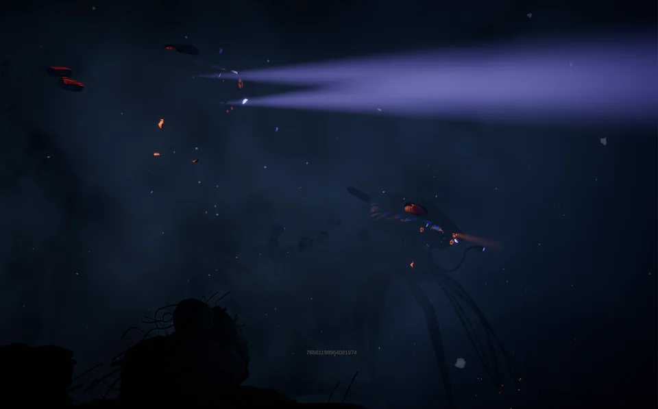 Two alien machines sweep violet searchlights through smoke and debris at night.