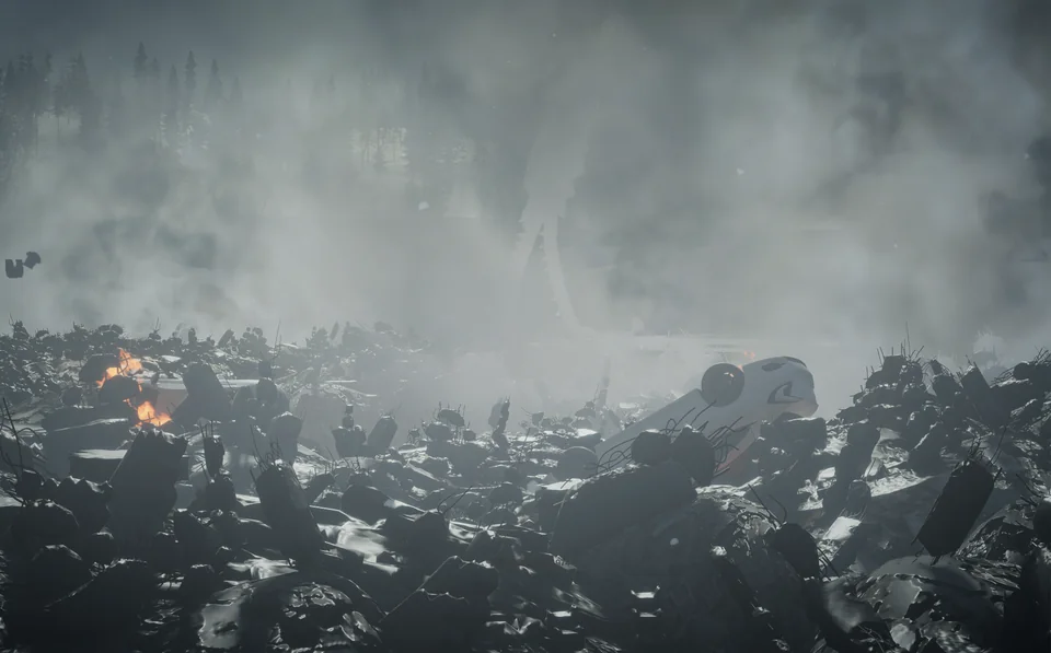 An alien machine looms through smoke above rubble and overturned cars.