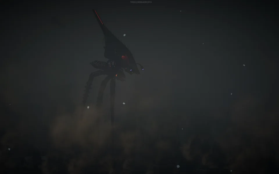 An alien machine emerges from dark smoke and drifting debris.