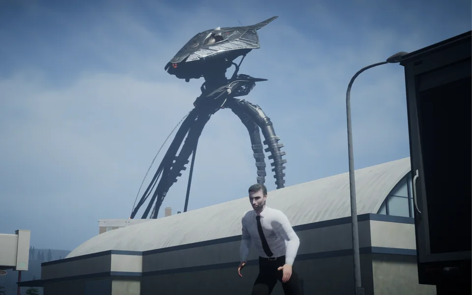 A survivor runs through town beneath a towering alien machine.