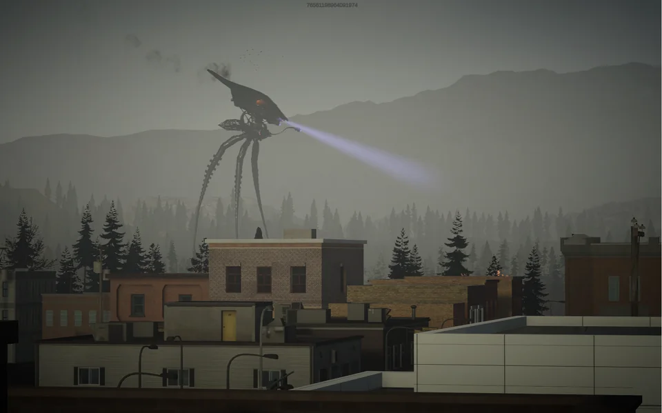 An alien machine sweeps a searchlight across a mountain town.