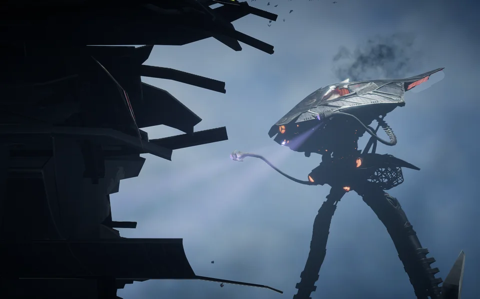 An alien machine searches beside the jagged wreckage of a building.
