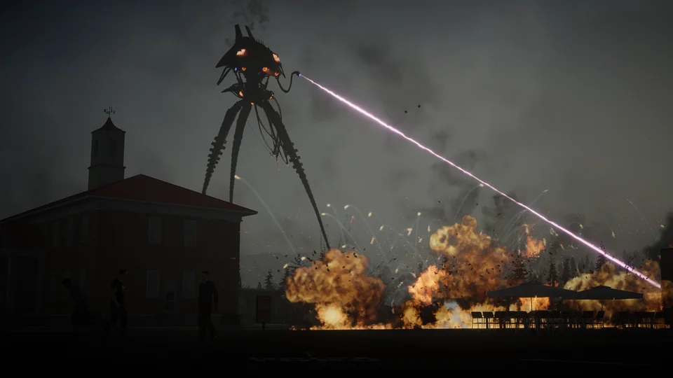 Survivors flee a plaza as a towering machine fires its heat ray.