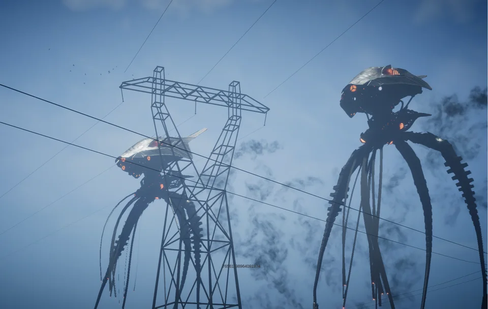 Two alien machines advance past electrical pylons.