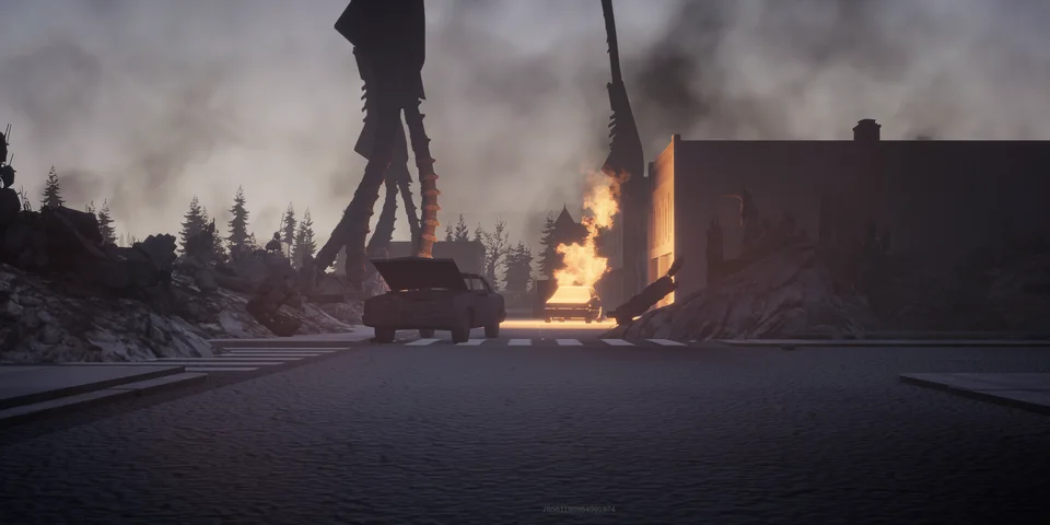 Burning cars and rubble line a street beneath alien machines.